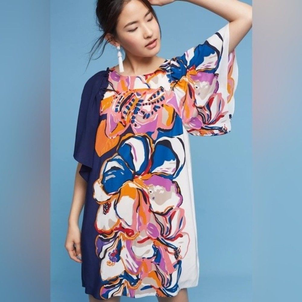 Anthropologie Maeve Vero Floral 100% Silk Dress Abstract Art Multicolor XS